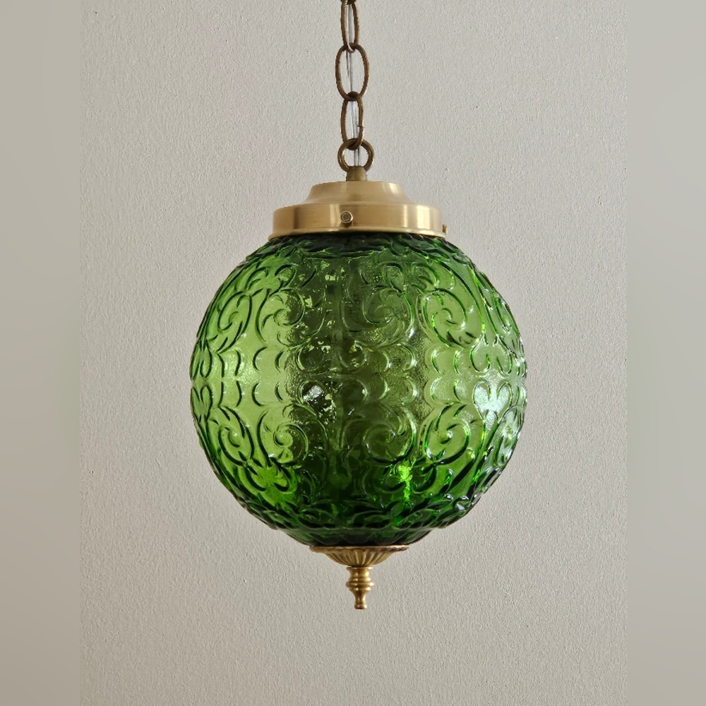 Green SCROLL Vintage Hanging Light Swag Lamp Retro Glass Globe Diffuser Antique